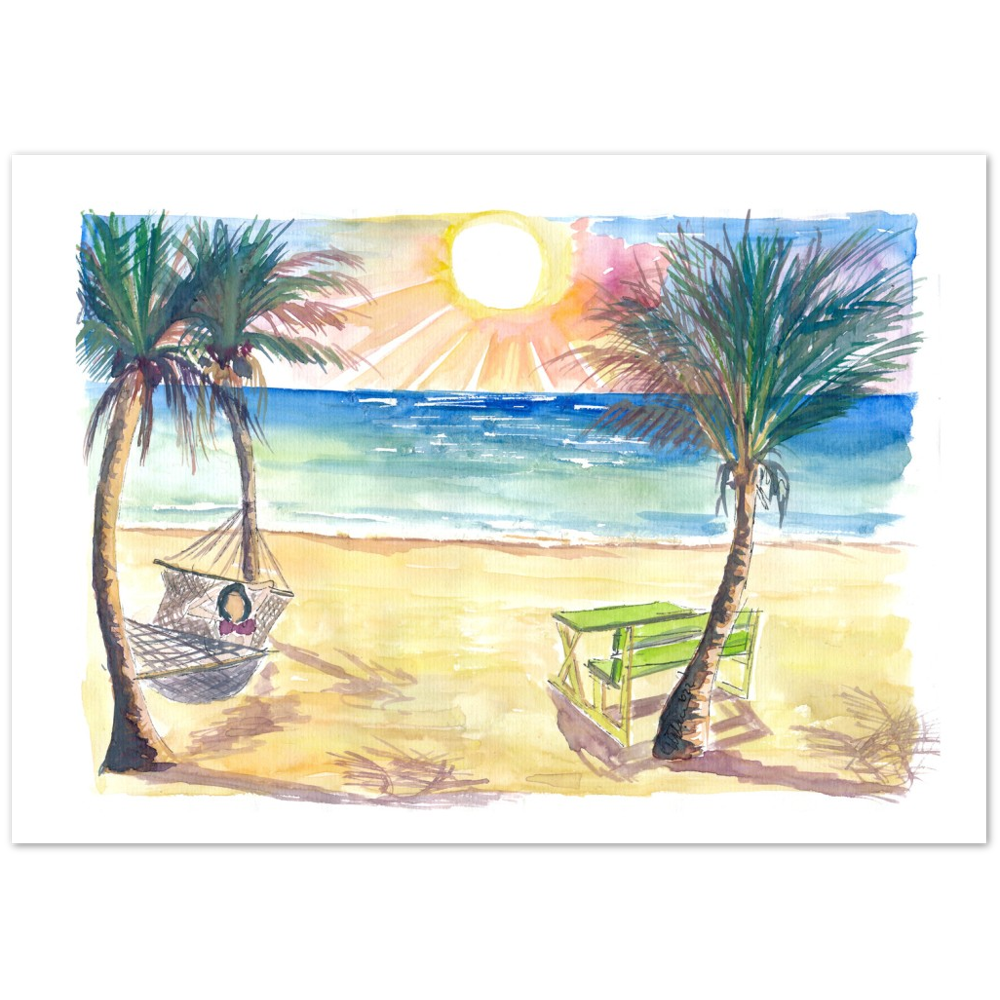 Serene Beach Perfection with Hammock Zen under Palms and Swell - Limited Edition Fine Art Print - Original Painting available