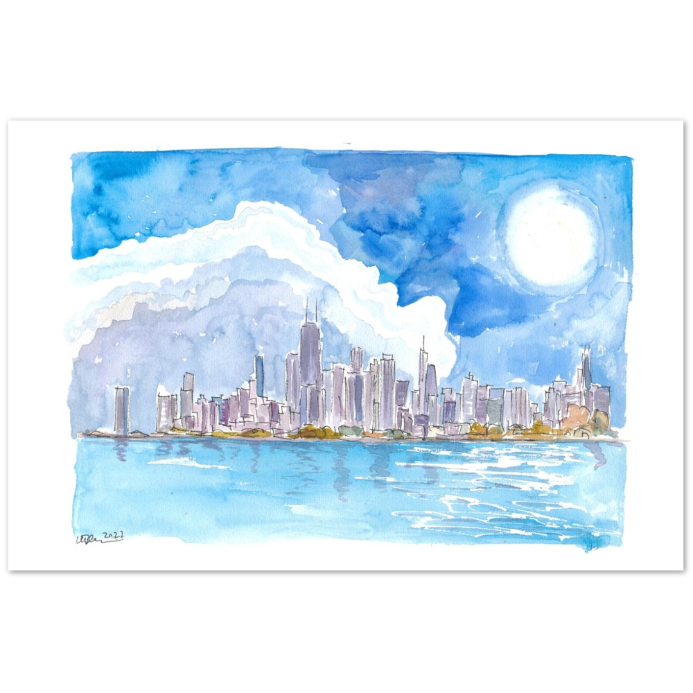 Chicago Skyline Impressions with Lake Michigan and Water Reflections - Limited Edition Fine Art Print - Original Painting available
