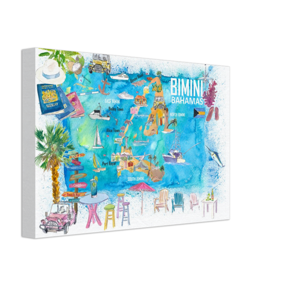 Bimini Bahamas Illustrated Map with Island Tourist Highlights - Fine Art Print