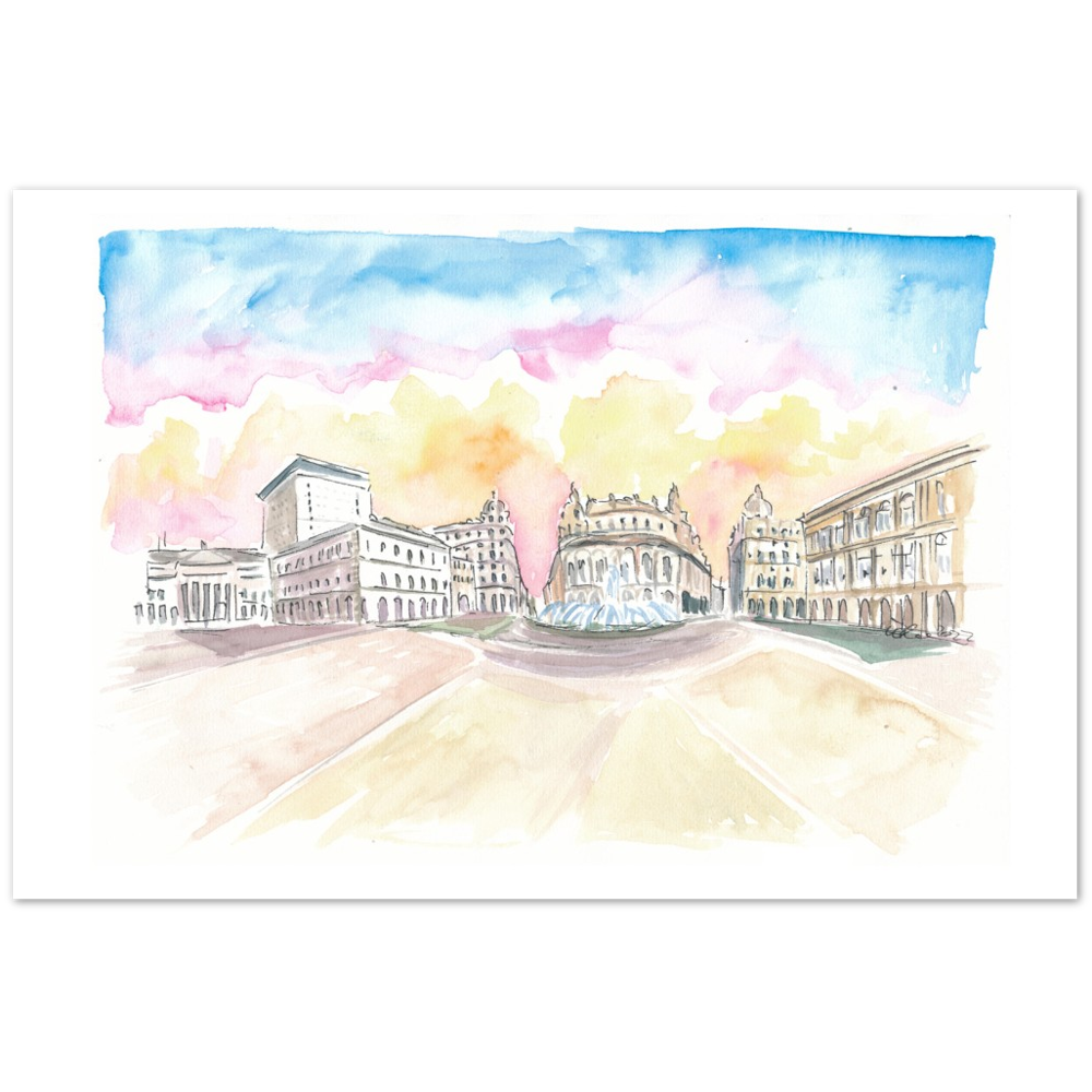 Genoa Italy Main Square Piazza at Sunrise - Limited Edition Fine Art Print - Original Painting available