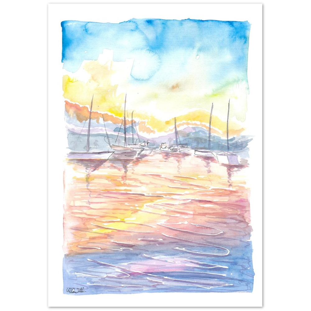 Dreamy Yacht Harbour with Sunset and Light on Water