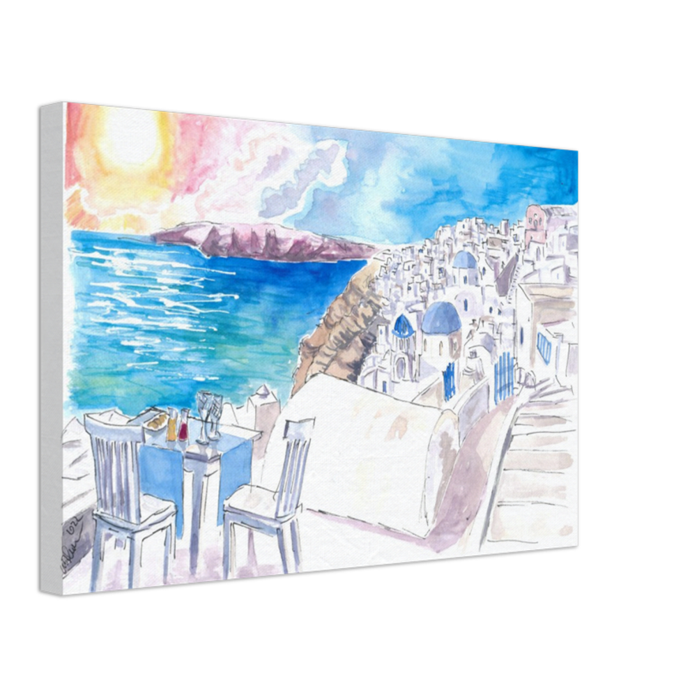 Santorini Sunset View with Rooftop Bar and Fruit Juices - Limited Edition Fine Art Print - Original Painting available