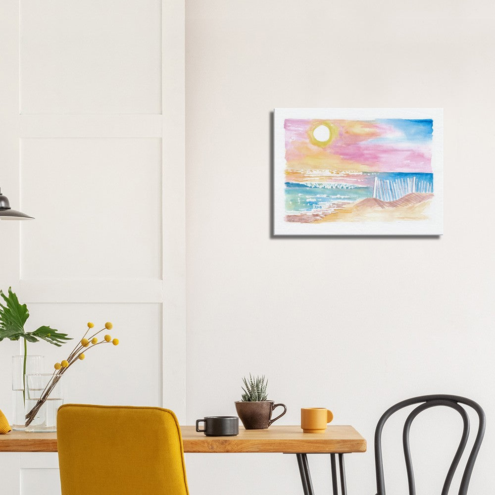 Romantic White Picket Fence on Beach with Waves and Sunset - Limited Edition Fine Art Print - Original Painting available