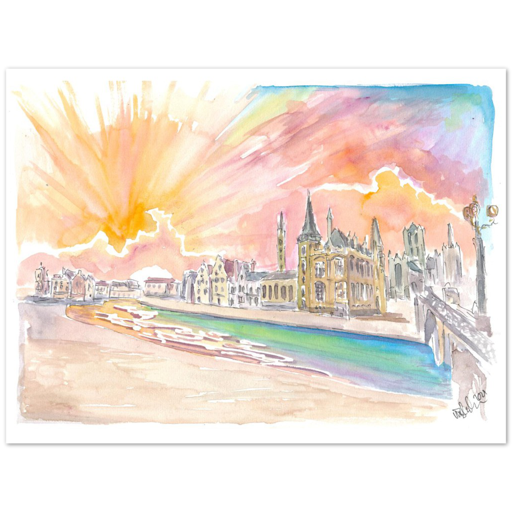 Ghent Belgium Historic City Center with Sunset - Limited Edition Fine Art Print