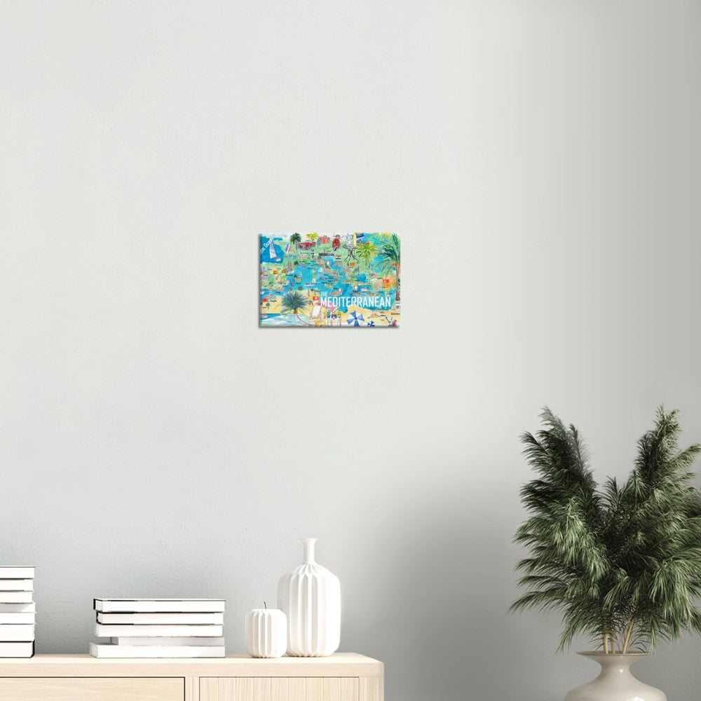 Illustrated Mediterranean Sea Travel Poster Map with Spain Italy Greece Palma Ibiza Fine Art Print