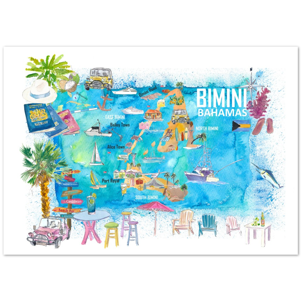 Bimini Bahamas Illustrated Map with Island Tourist Highlights - Fine Art Print