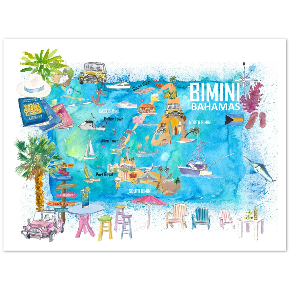 Bimini Bahamas Illustrated Map with Island Tourist Highlights - Fine Art Print
