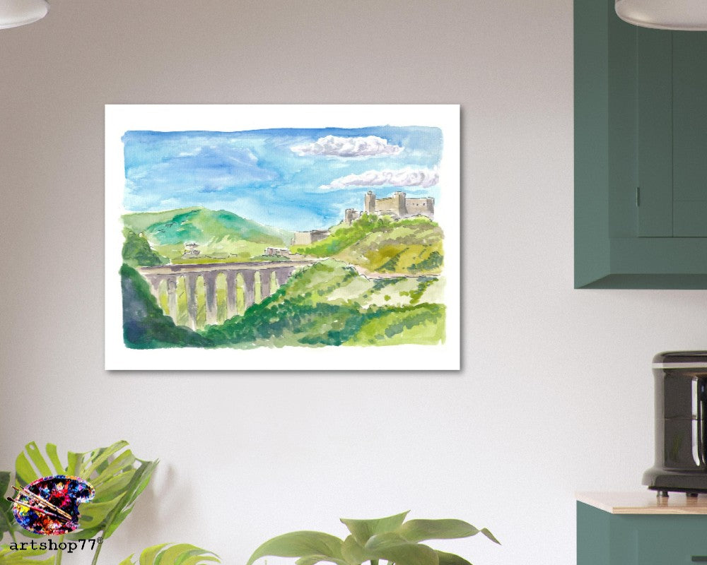 Spoleto Italy City on Apennines Mountain Range - Watercolor on Paper