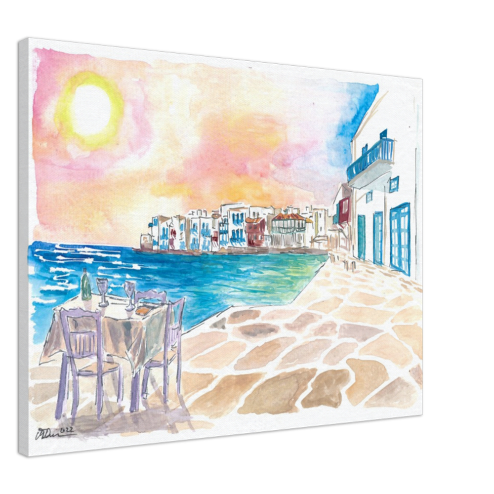 Romantic Sundowner in Picturesque Mykonos Little Venice with Seaview - Limited Edition Fine Art Print - Original Painting available