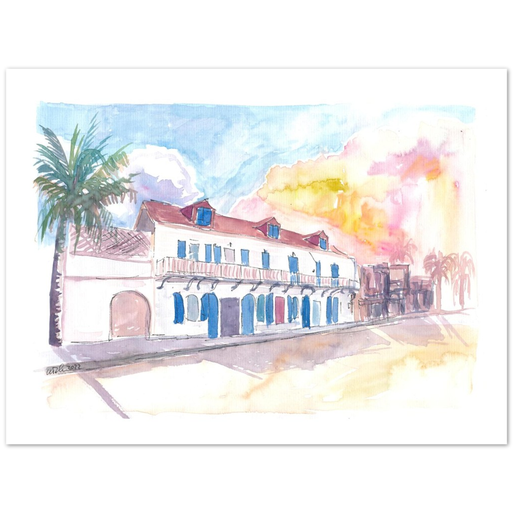 Colonial Street Scene in Marigot Saint Martin in French Caribbean - Limited Edition Fine Art Print -