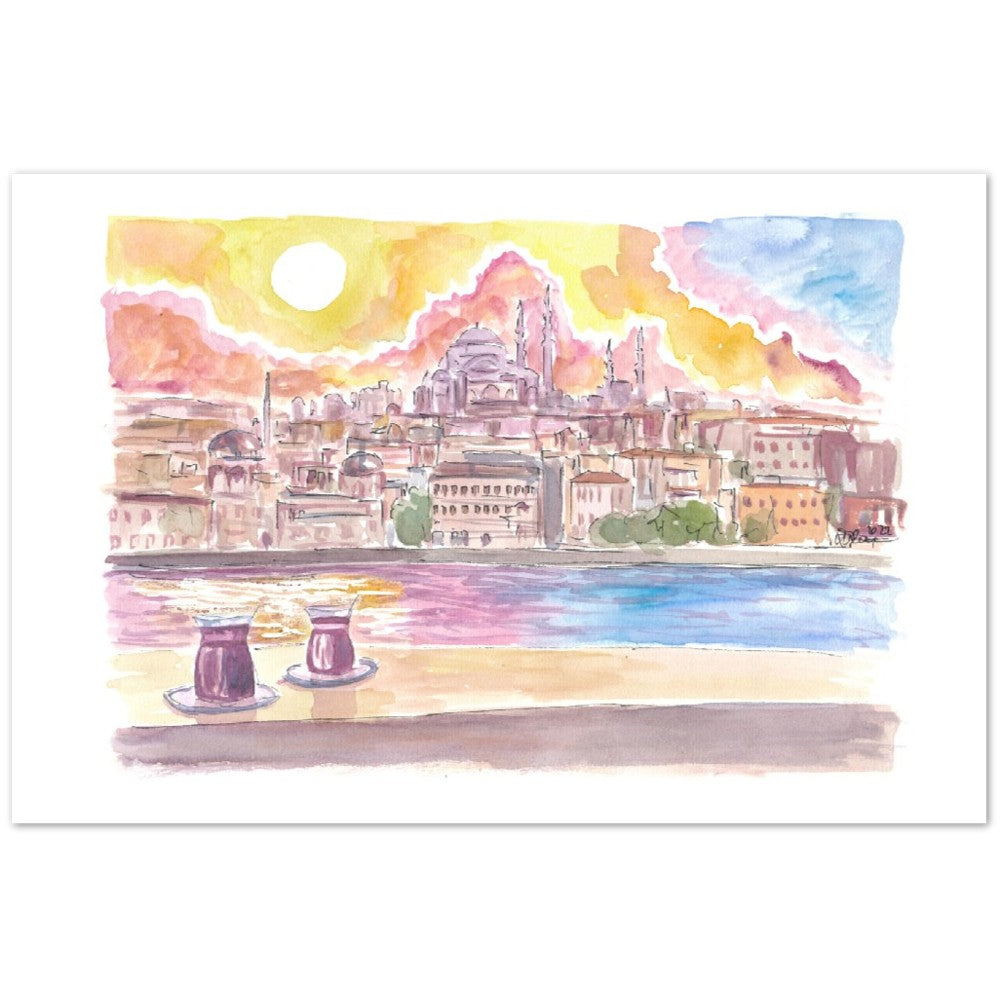 Istanbul Turkey Amazing City View with Skyline and Tea - Limited Edition Fine Art Print - Original Painting available
