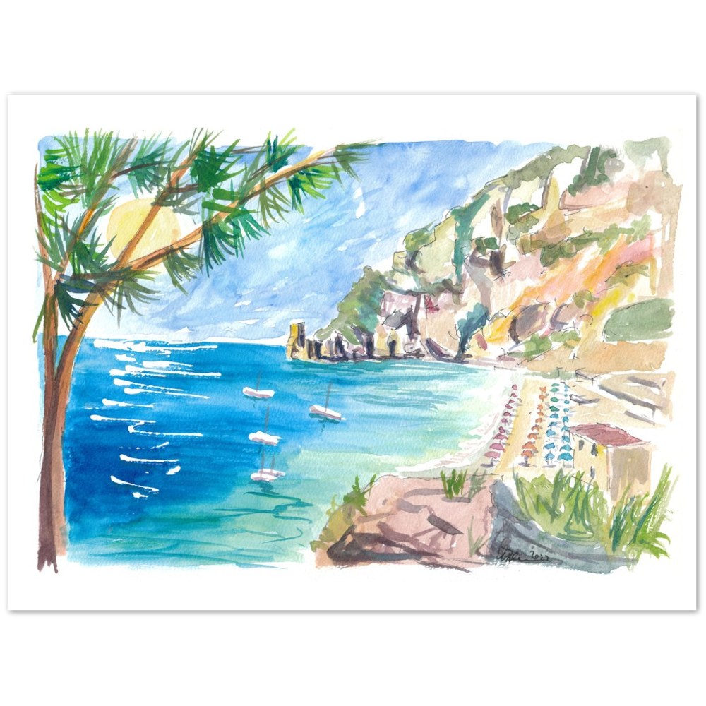 Cetara Amalfi Coast Zen with Turquoise Sea and Boats - Limited Edition Fine Art Print - Original Painting available
