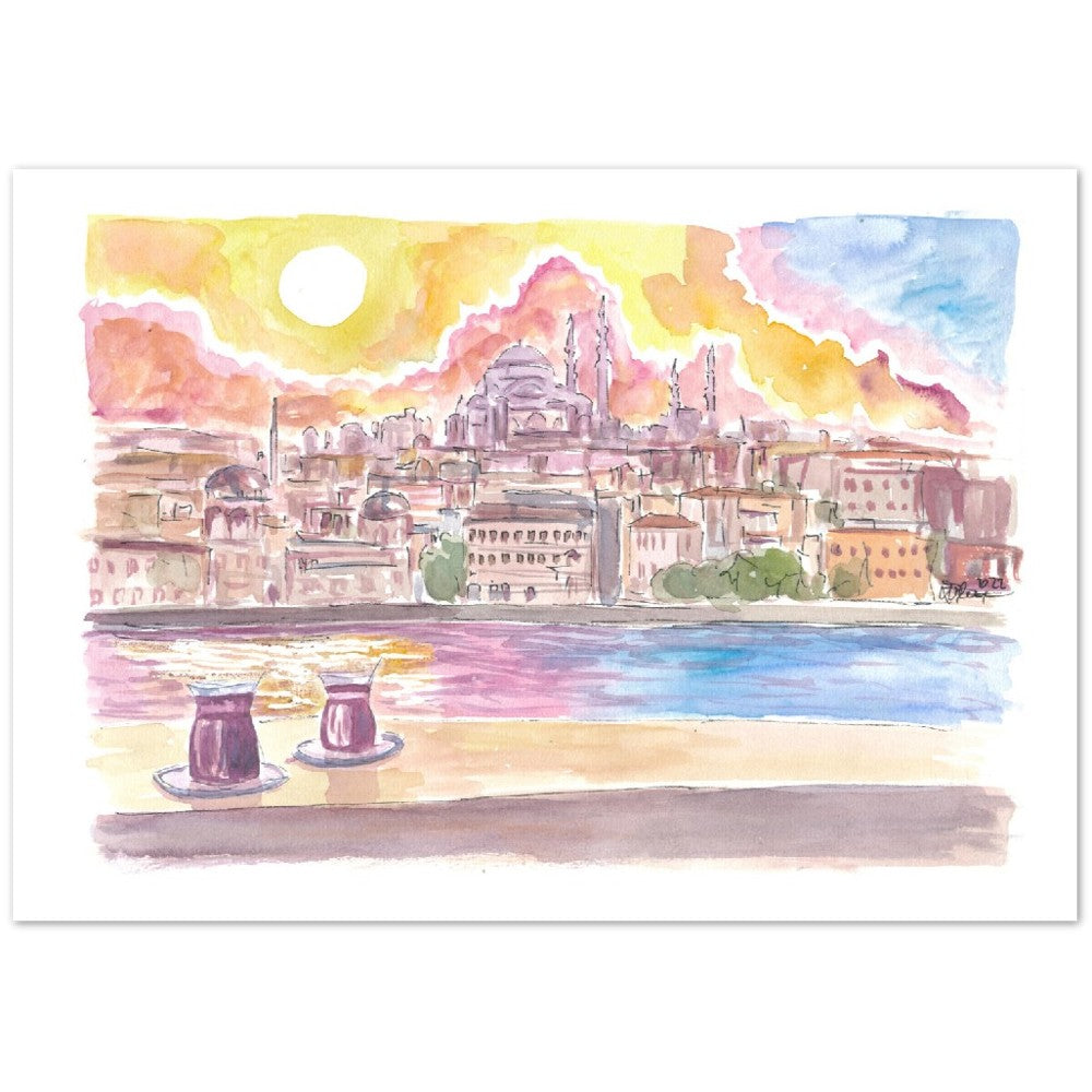 Istanbul Turkey Amazing City View with Skyline and Tea - Limited Edition Fine Art Print - Original Painting available