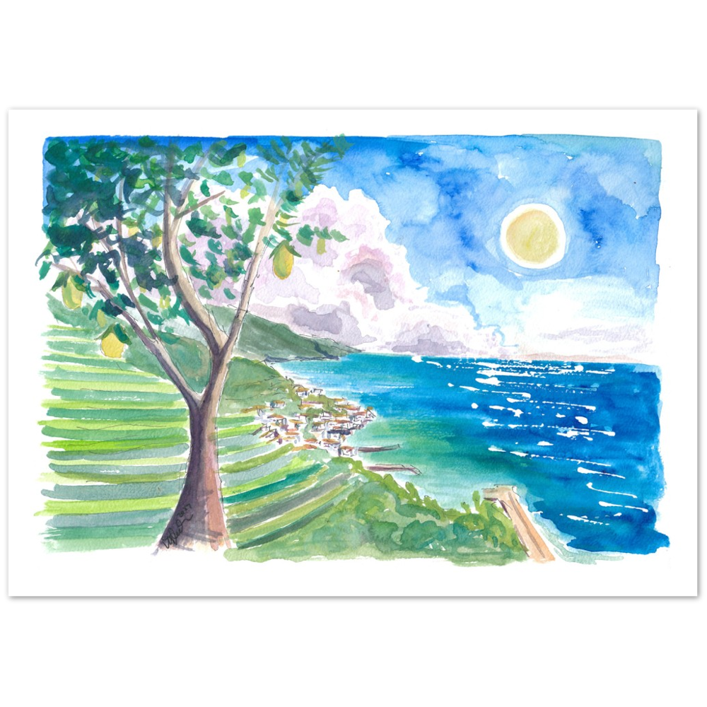 Minori Amalfi Coast with Lemon Tree and Blue Mediterranean - Limited Edition Fine Art Print - Original Painting available
