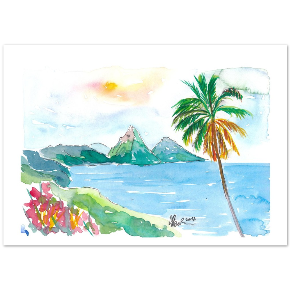 St Lucia Caribbean Dreams With Sunset and Pitons Peaks Painting & Limited Edition Fine Art Print