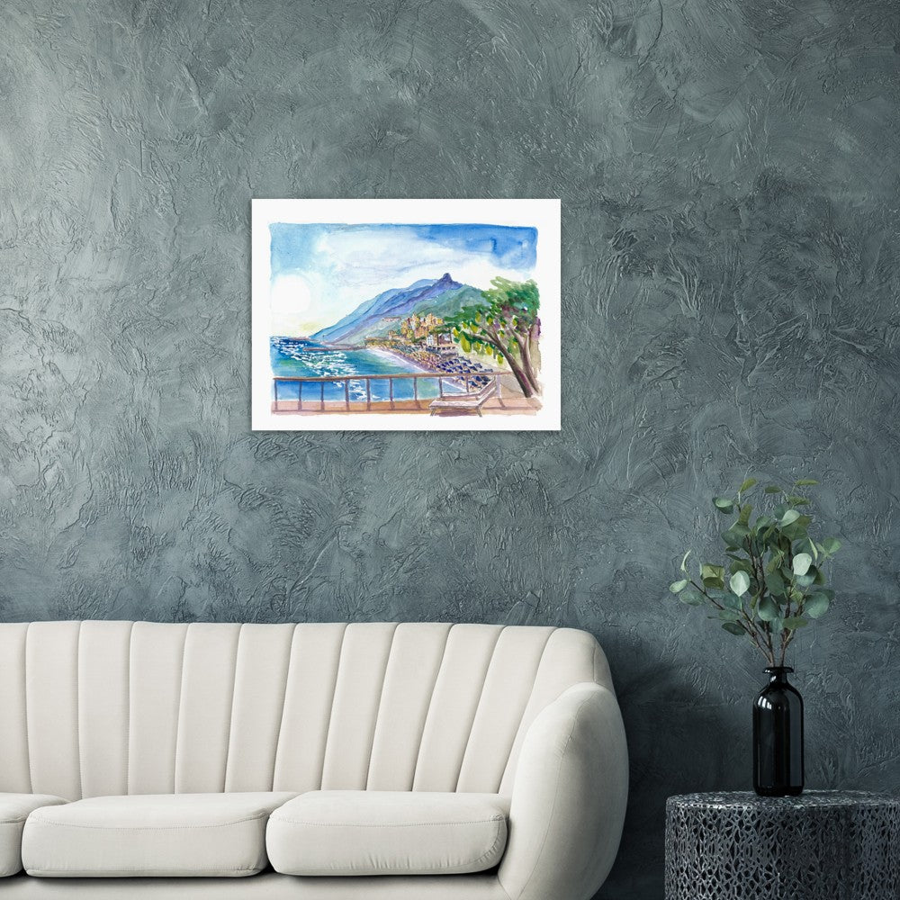 Amalfi Coast Gorgeous Terrace View with Lemons, Coast and Houses - Limited Edition Fine Art Print - Original Painting available