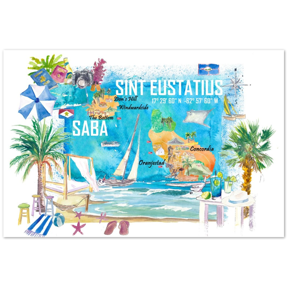 Sint Eustatius and Saba Dutch Caribbean Island Illustrated Travel Map with Tourist Highlights