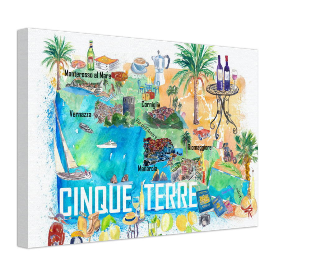 Cinque Terre Italien Illustrierte Mittelmeer-Reisekarte Highlights Golfs