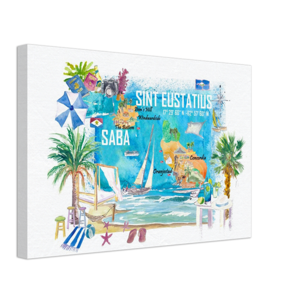 Sint Eustatius and Saba Dutch Caribbean Island Illustrated Travel Map with Tourist Highlights