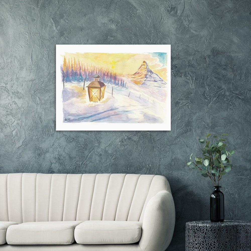 Swiss Alpine Winter Dreams with Matterhorn Mountain and Lantern in Snow - Limited Edition Fine Art Print - Original Painting available