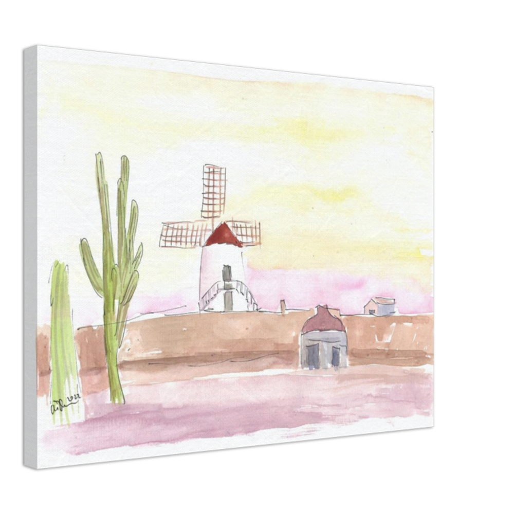Lanzarote Canary Island Landscape with Windmill and Cacti - Limited Edition Fine Art Print - Original Painting available