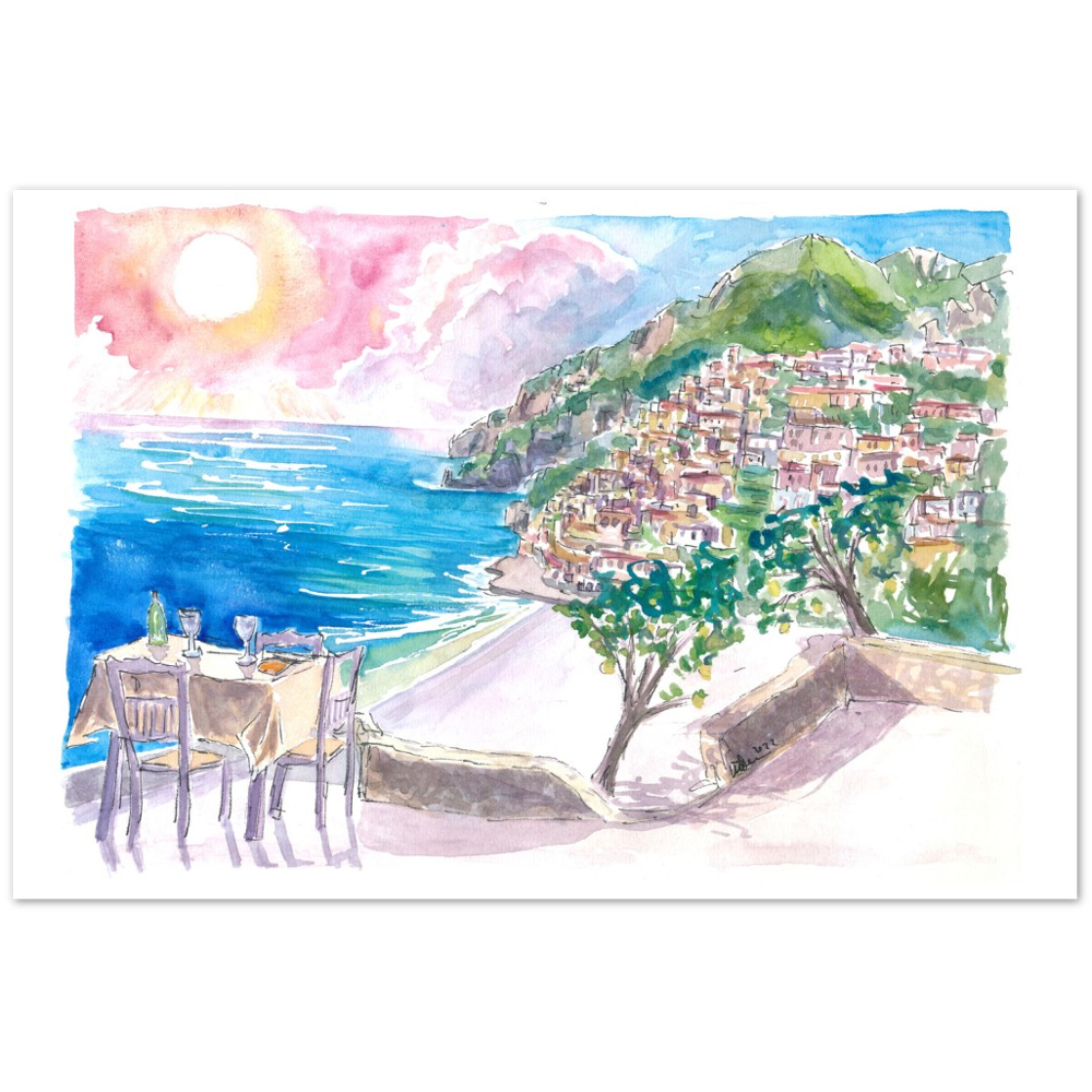 Incredible Seaview Cafe with Positano Amalfi Coast and Sea - Limited Edition Fine Art Print - Original Painting available
