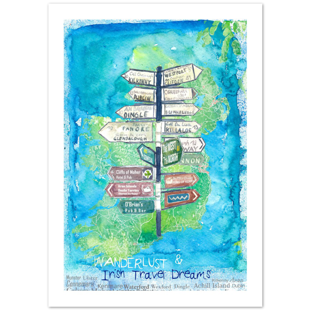 Wanderlust Signpost of Ireland with Island Background Premium Matte Paper Poster