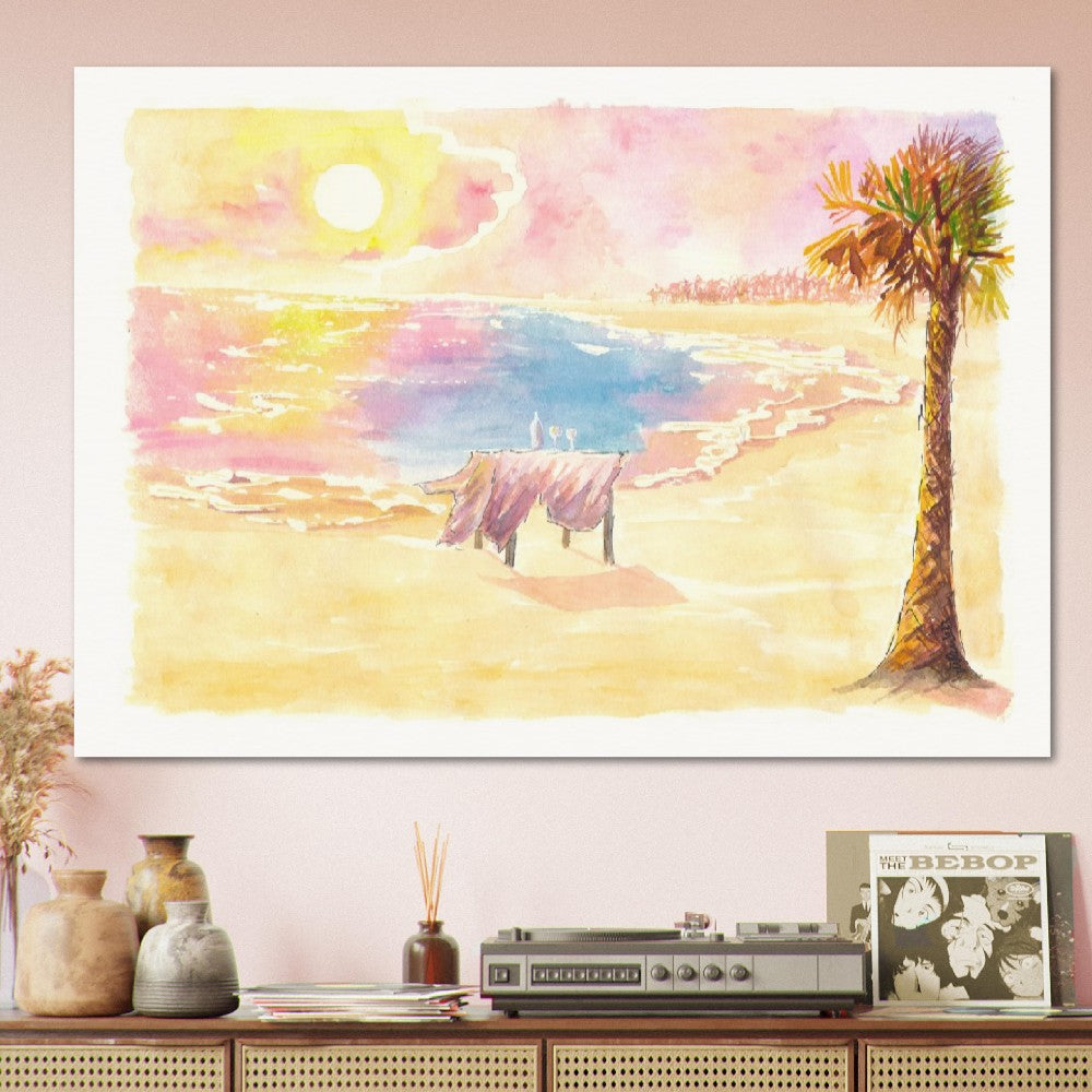 Romantic table for two lovers on the beach at sunset - Fine Art Print on Giclee, Canvas & Original Art