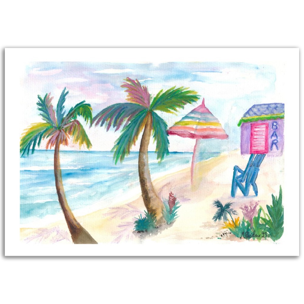 Bahamas Beach Bar with Rainbow Umbrella and Seaview - Limited Edition Fine Art Print - Original Painting available