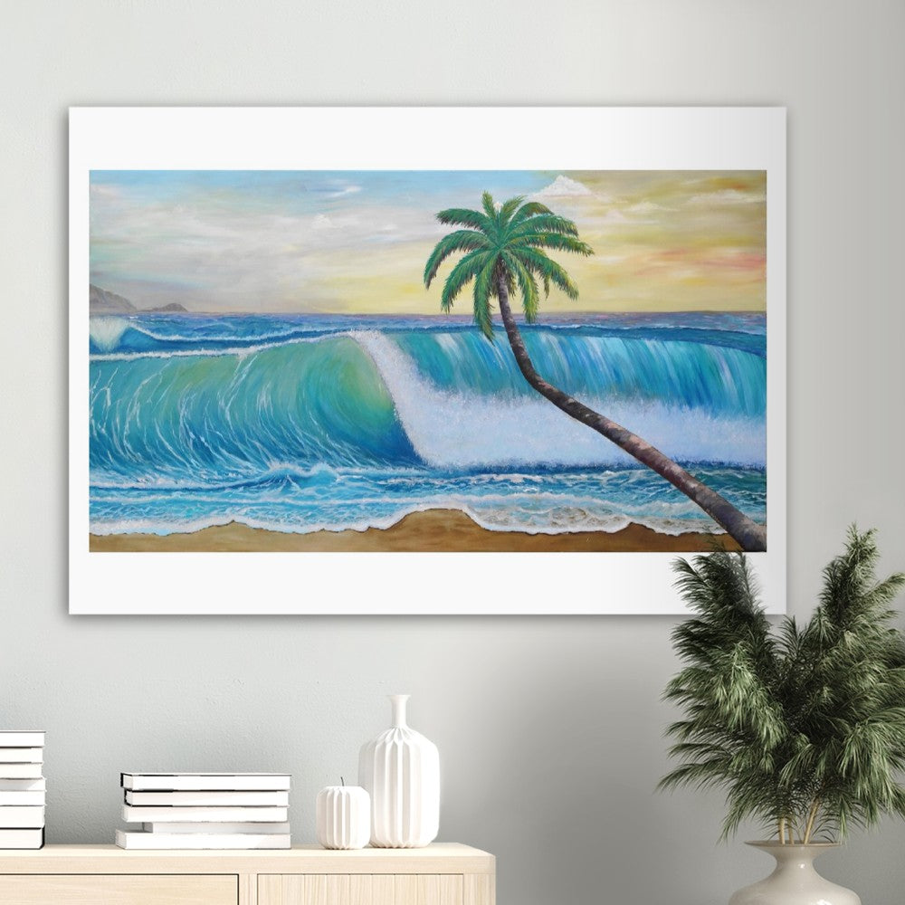 Translucent Wave and Leaning Palm on Virgin Islands Greater Antilles - Limited Edition Fine Art Print - Original Painting available