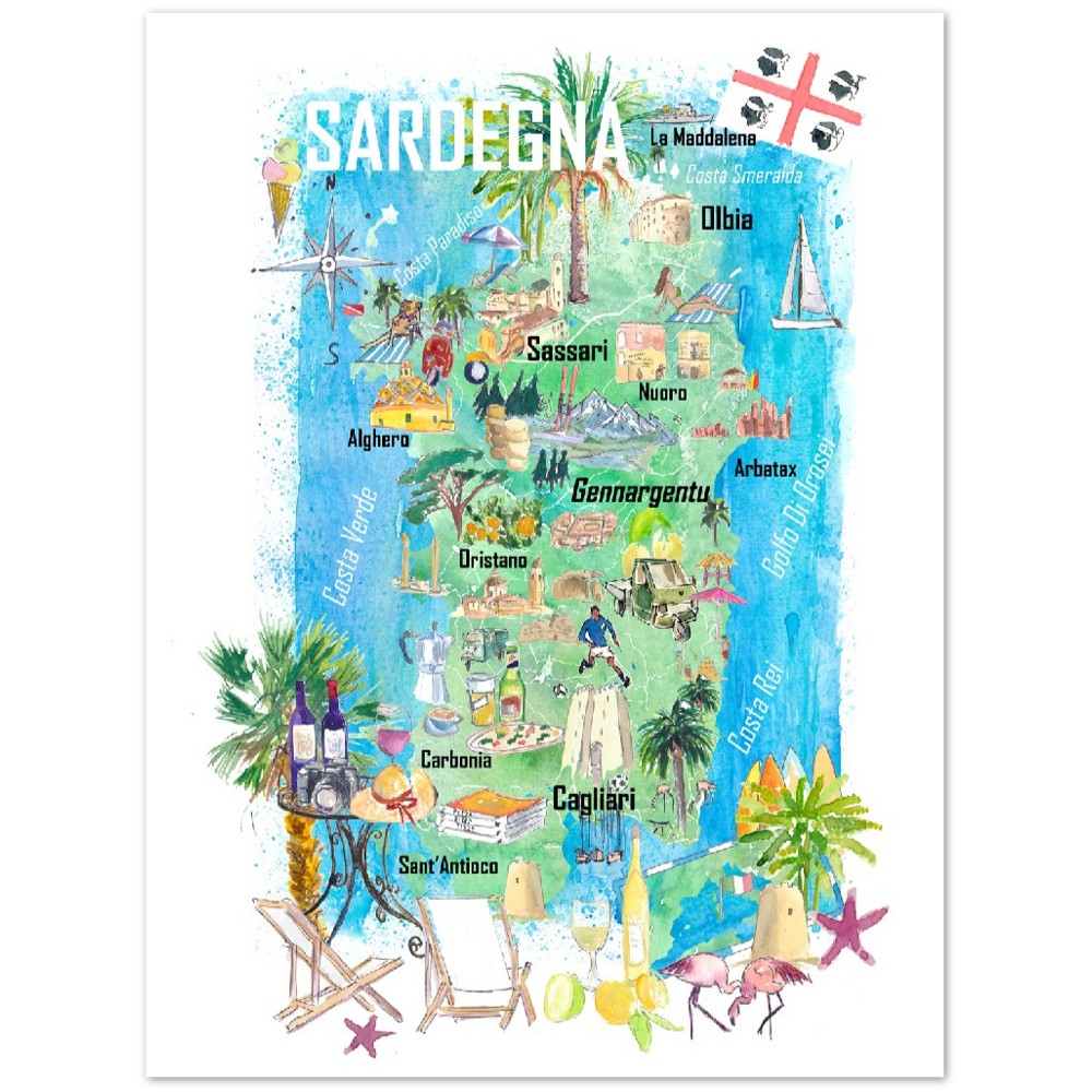 Sardinia Illustrated Travel Map Mediterranean Adriatic Sicily Sardegna with Roads and Tourist Highlights