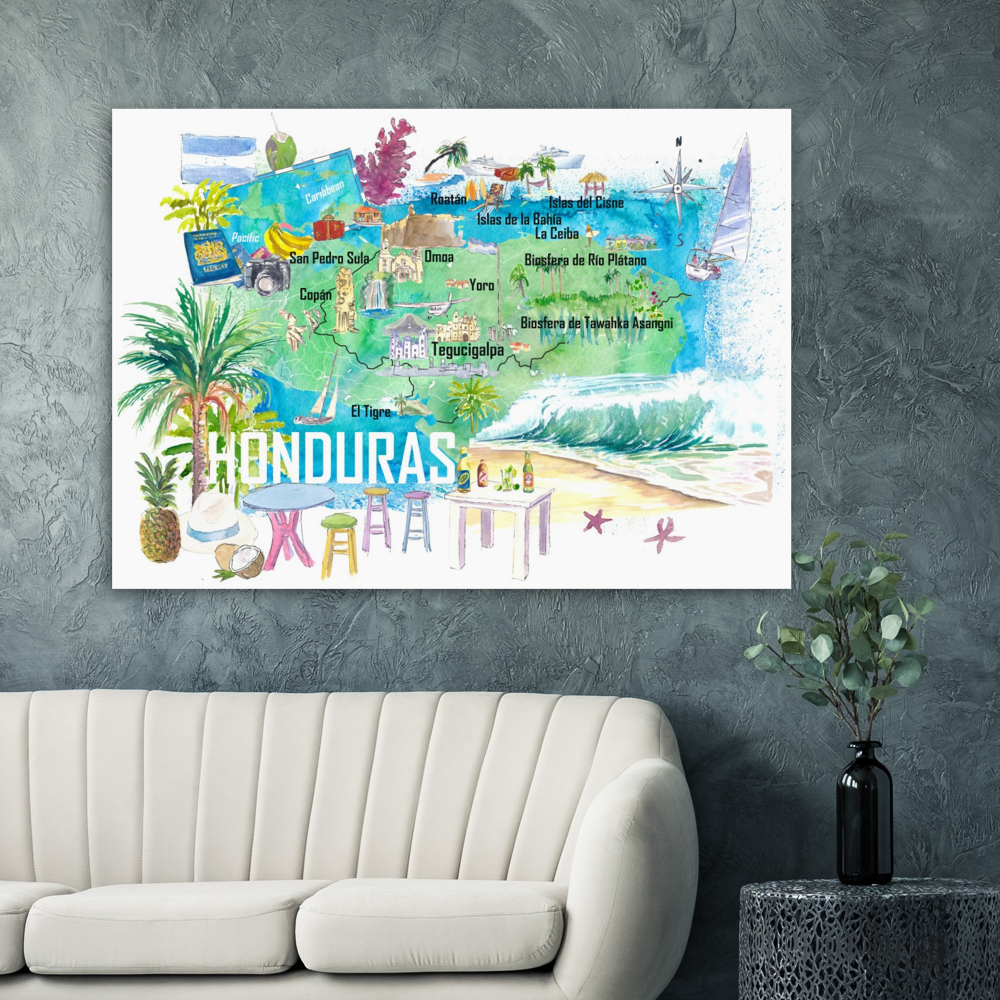Honduras Illustrated Travel Map with Roads and Tourist Highlights