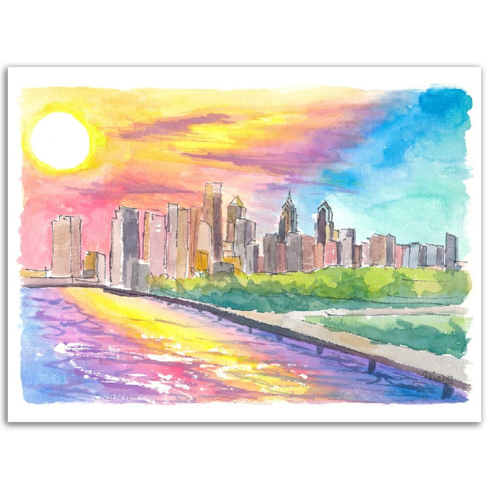 Philadelphia PA Impressive Skyline Colorful Sunset Mood - Limited Edition Fine Art Print - Original Painting available