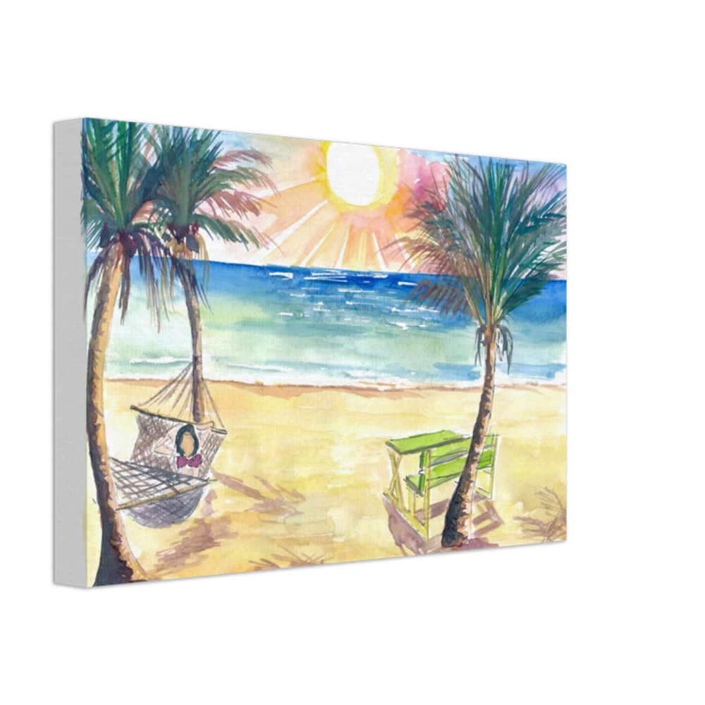 Serene Beach Perfection with Hammock Zen under Palms and Swell - Limited Edition Fine Art Print - Original Painting available