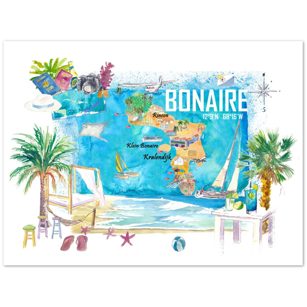 Bonaire Dutch Antilles Caribbean Island Illustrated Travel Map with Tourist Highlights