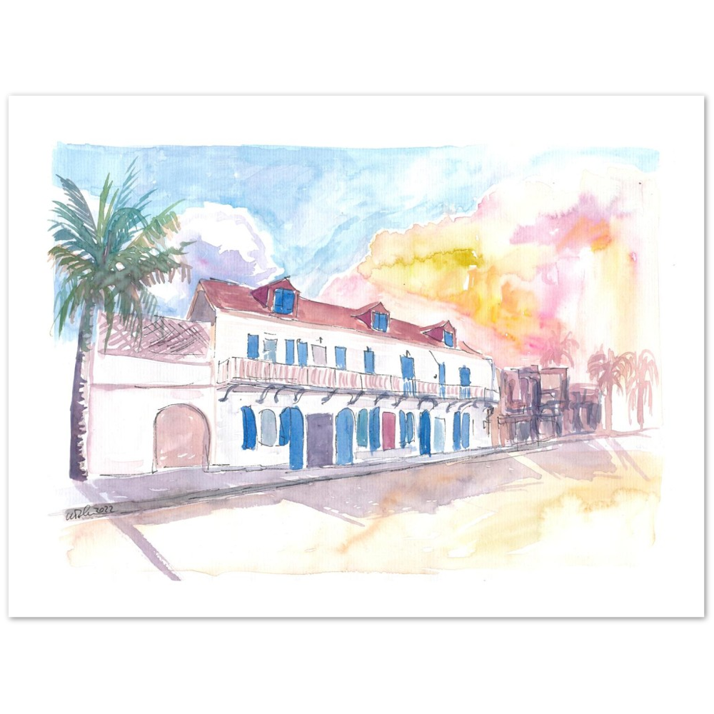 Colonial Street Scene in Marigot Saint Martin in French Caribbean - Limited Edition Fine Art Print -