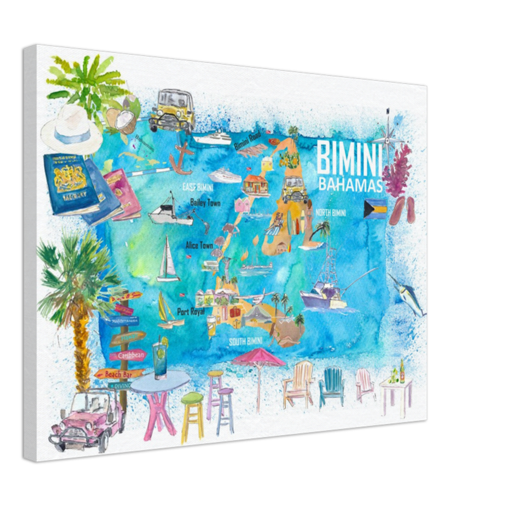 Bimini Bahamas Illustrated Map with Island Tourist Highlights - Fine Art Print