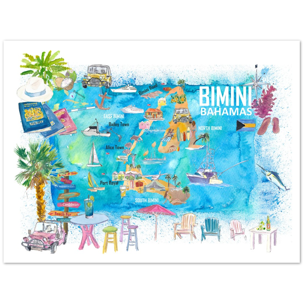 Bimini Bahamas Illustrated Map with Island Tourist Highlights - Fine Art Print