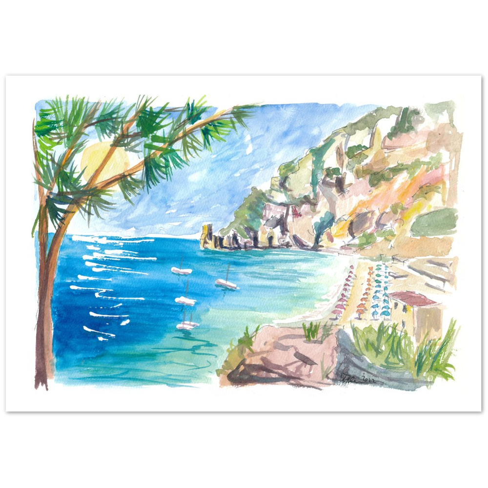 Cetara Amalfi Coast Zen with Turquoise Sea and Boats - Limited Edition Fine Art Print - Original Painting available