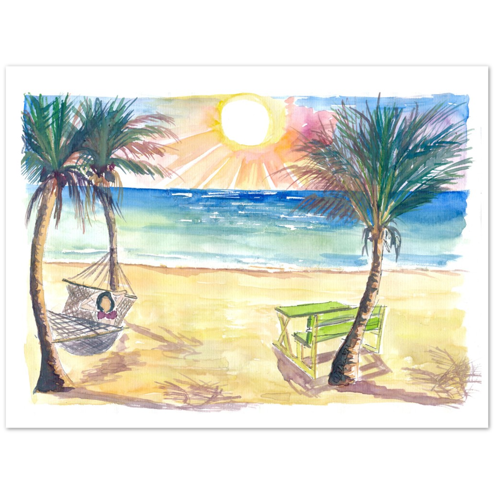Serene Beach Perfection with Hammock Zen under Palms and Swell - Limited Edition Fine Art Print - Original Painting available
