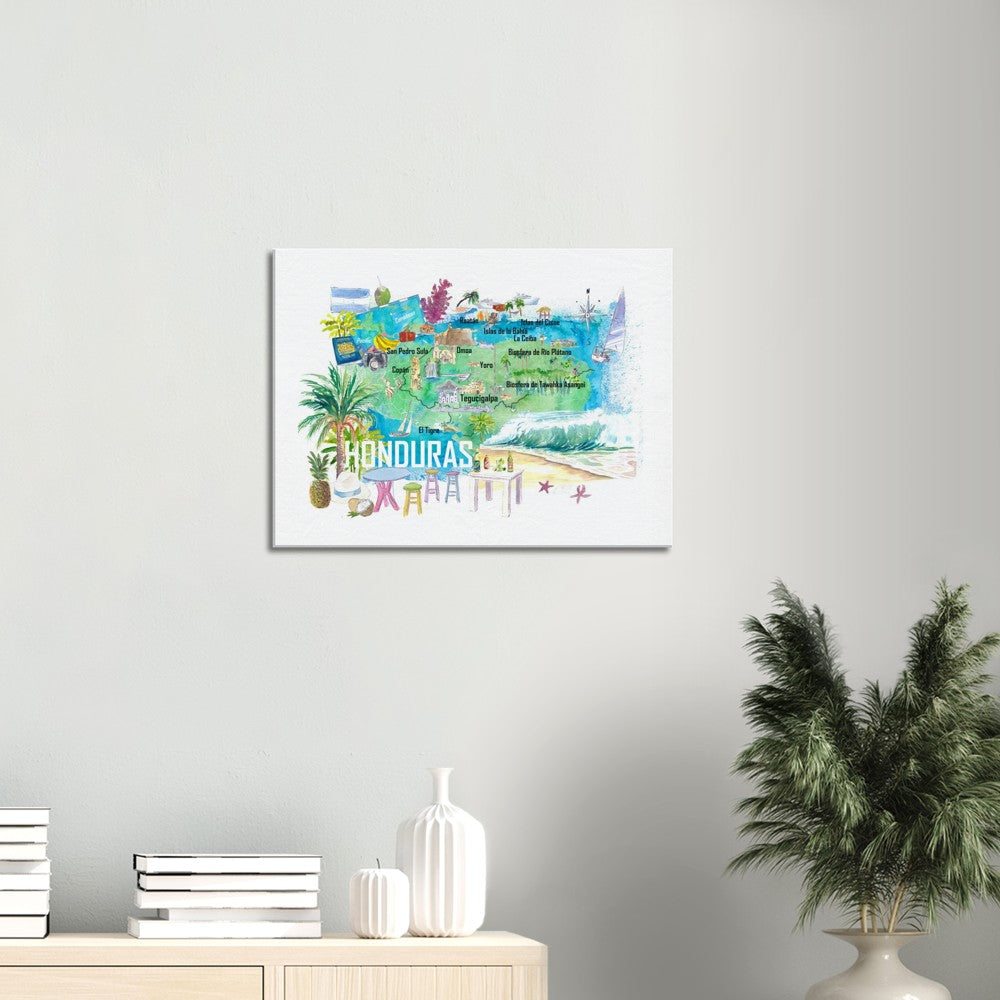 Honduras Illustrated Travel Map with Roads and Tourist Highlights