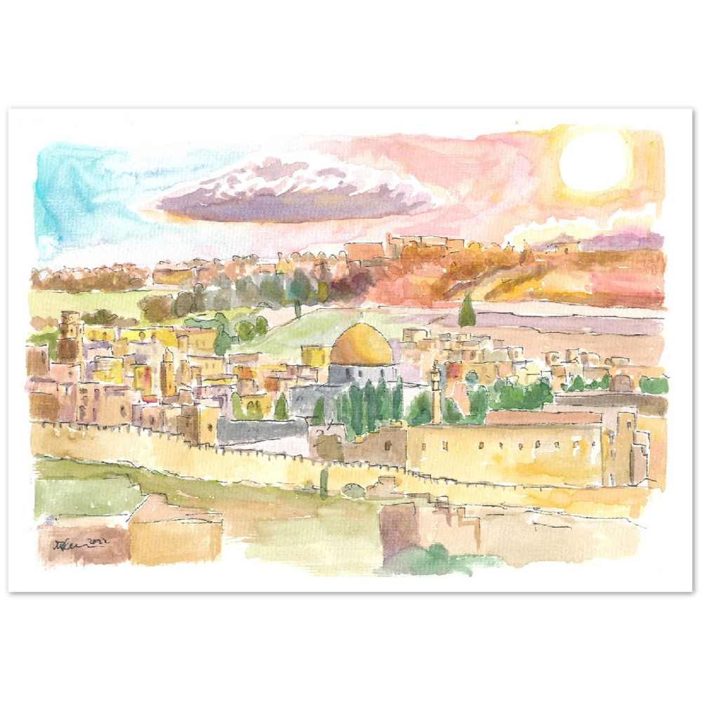Holy City Jerusalem Cityview with Dome of Rock and Sunset - Limited Edition Fine Art Print - Original Painting available