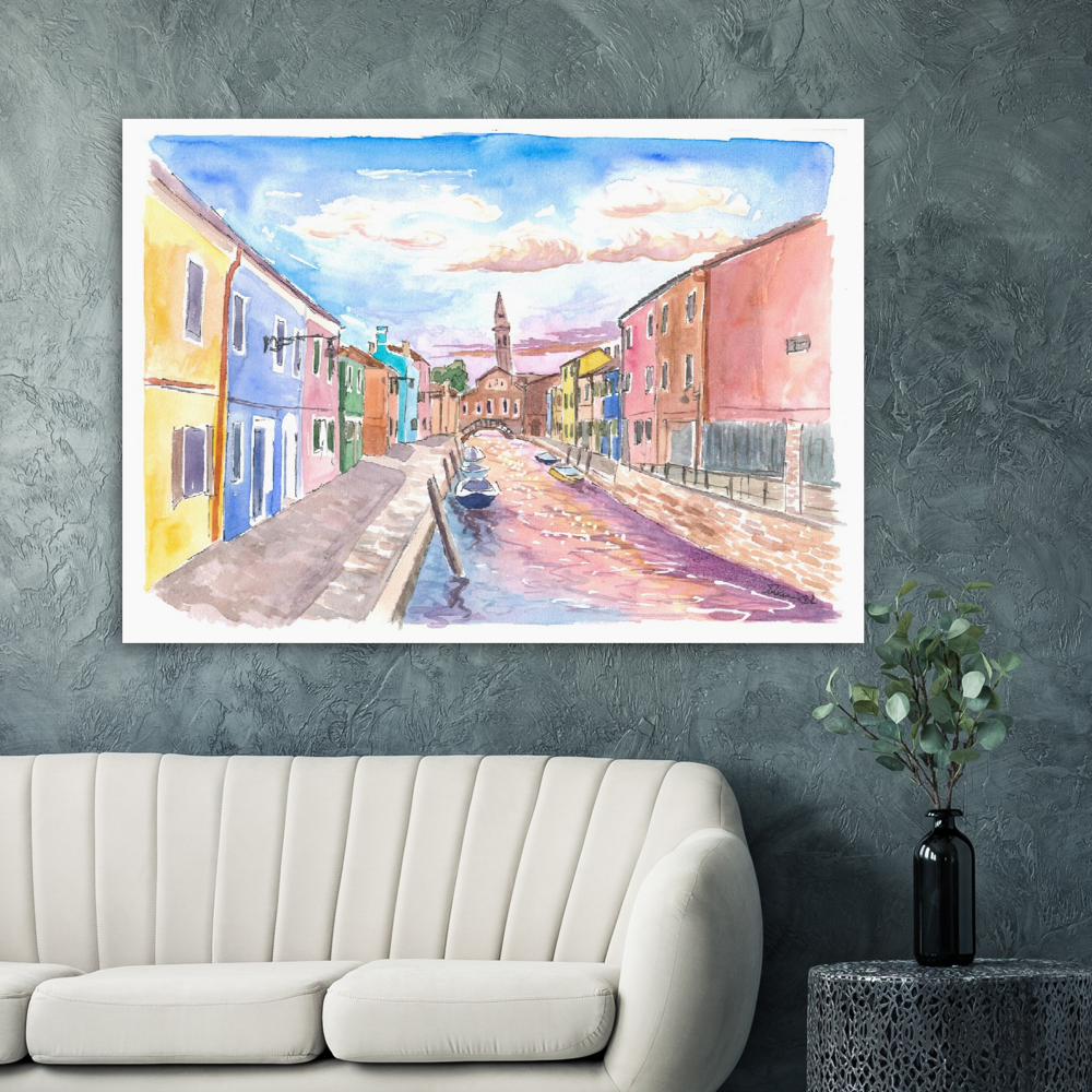 Burano view of Canal and Leaning Bell Tower - Limited Edition Fine Art Print - Original Painting available