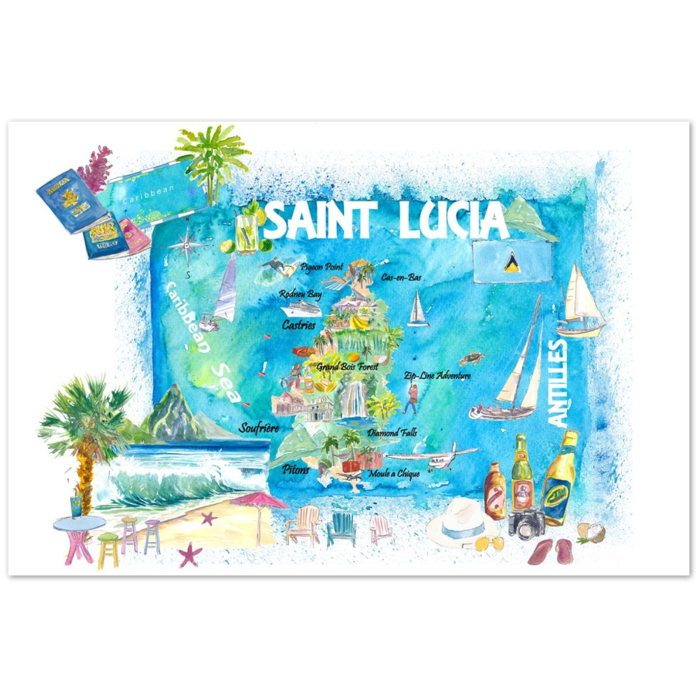 Saint Lucia West Indies Illustrated Map with Antilles Tourist Highlights 2nd Edition