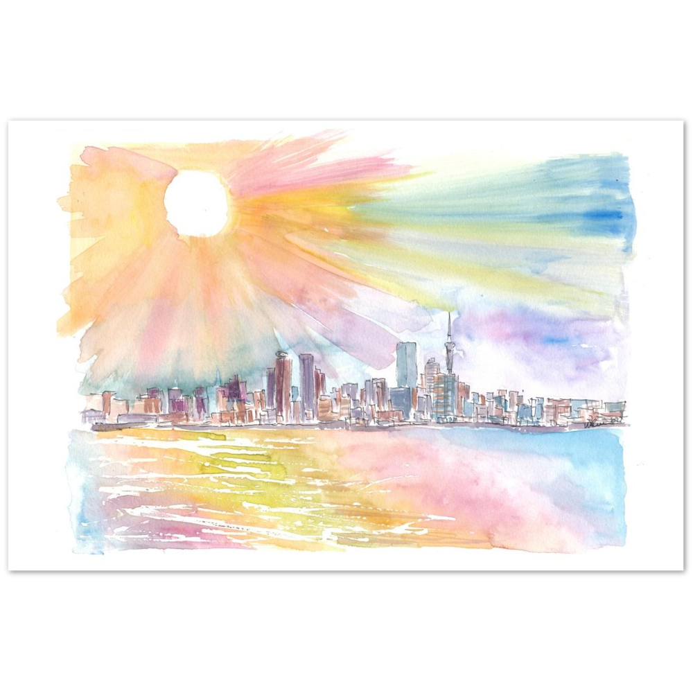 Auckland New Zealand Skyline Waterfront with Sunset