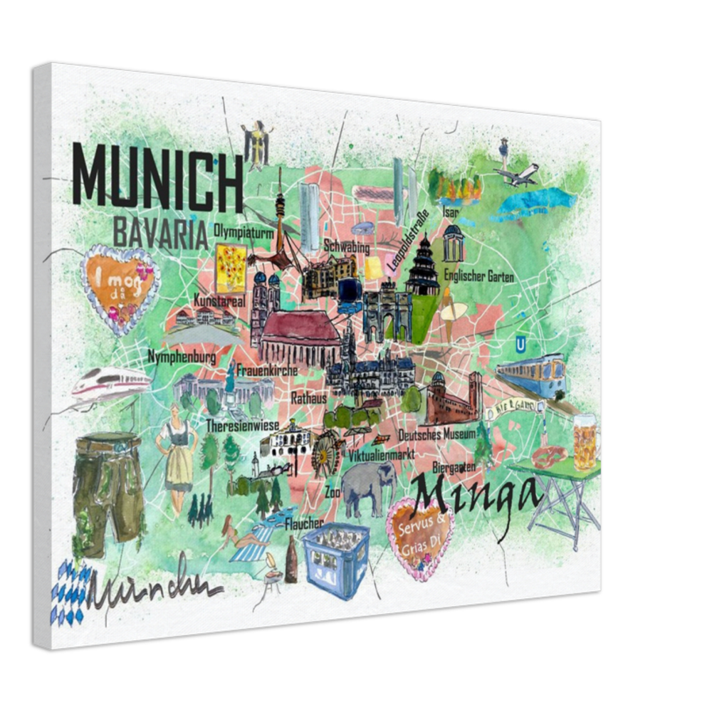 Munich Bavaria Germany Illustrated Travel Map with Roads and Tourist Highlights