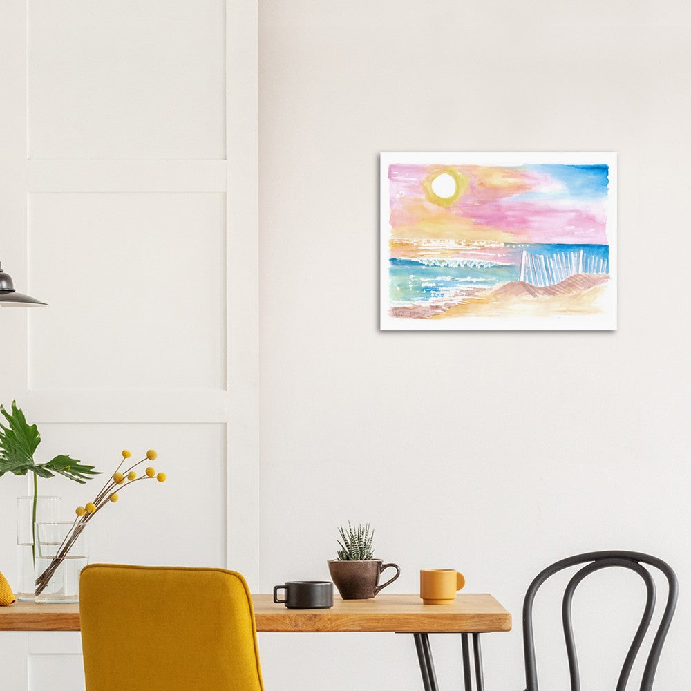 Romantic White Picket Fence on Beach with Waves and Sunset - Limited Edition Fine Art Print - Original Painting available