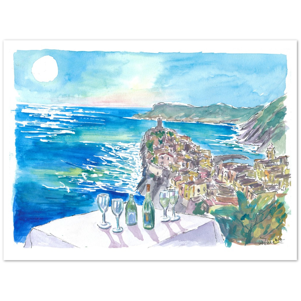 Mediterranean View from Restaurant with Wine and Vernazza Cinque Terre - Limited Edition Fine Art Print - Original Painting available