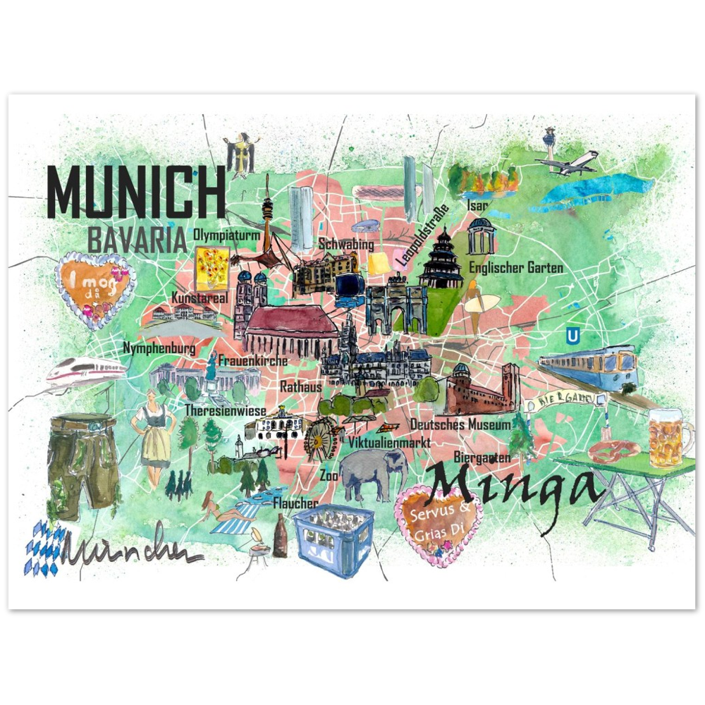 Munich Bavaria Germany Illustrated Travel Map with Roads and Tourist Highlights