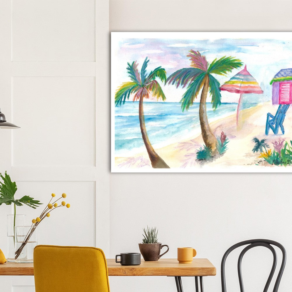 Bahamas Beach Bar with Rainbow Umbrella and Seaview - Limited Edition Fine Art Print - Original Painting available